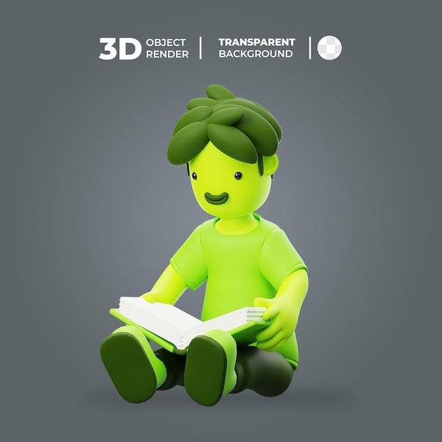 PSD personaje 3d sentado y leyendo un libro