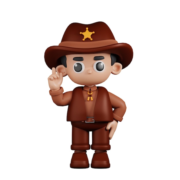 Personaje 3d sheriff apuntando hacia arriba pose