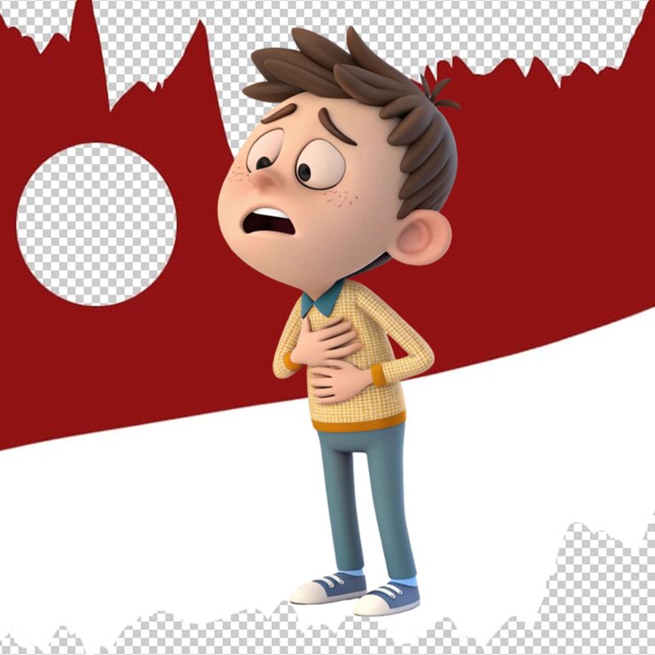 PSD el personaje en 3d se siente nervioso con la mano en el pecho.