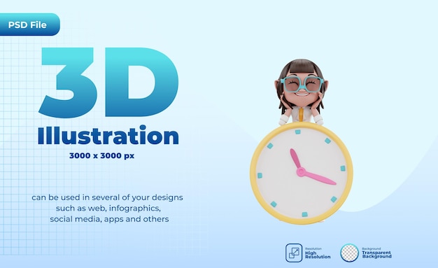 PSD personaje 3d sonriendo con reloj