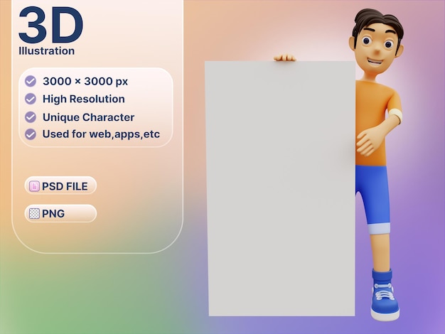 Personaje 3D sosteniendo una pizarra en blanco