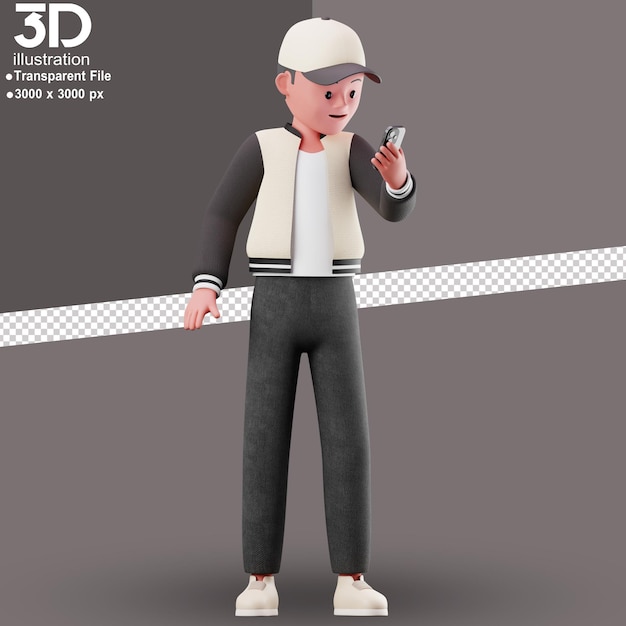 Personaje 3d con teléfono inteligente 3d render ilustración sobre fondo aislado estilo png