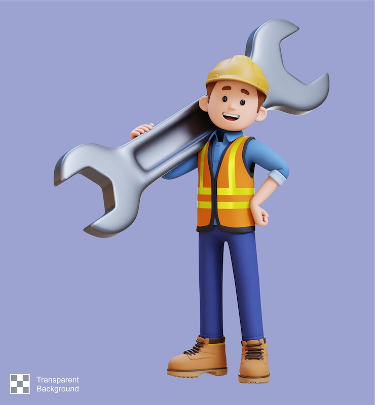 PSD personaje 3d de un trabajador de la construcción que lleva una gran llave inglesa en el hombro
