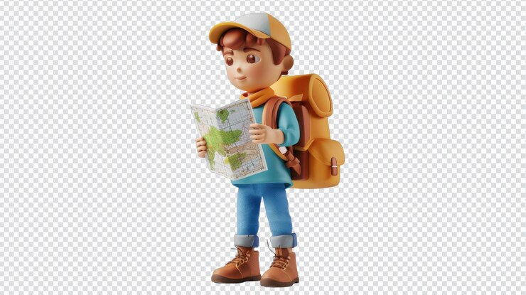PSD personaje 3d viajero sosteniendo mapa fondo aislado para temas de viaje