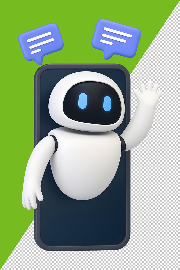 PSD el personaje asistente robot 3d saludando desde la versión de pantalla oscura del teléfono inteligente aislado en la parte trasera transparente