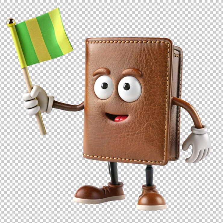 PSD personaje de billetera de cuero como juez de línea sostener la bandera aislada sobre un fondo transparente
