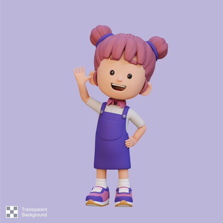 PSD personaje de chica en 3d agitando la mano con una cara feliz y linda