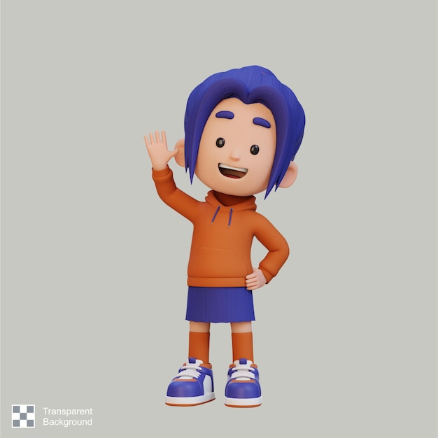 Personaje de chica en 3D agitando la mano con una cara feliz y linda