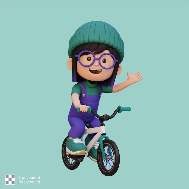 El personaje de la chica en 3D va en bicicleta a la escuela.