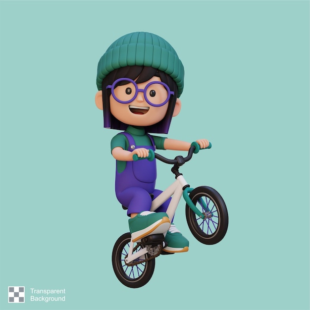 PSD el personaje de la chica en 3d va en bicicleta a la escuela.