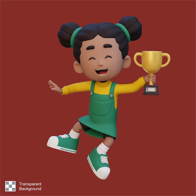 PSD personaje de chica en 3d celebrando la victoria sosteniendo un trofeo