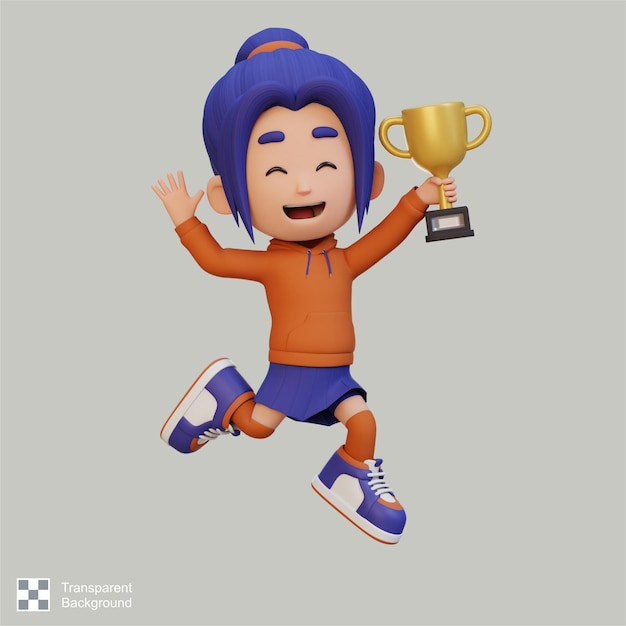 Personaje de chica en 3D celebrando la victoria sosteniendo un trofeo