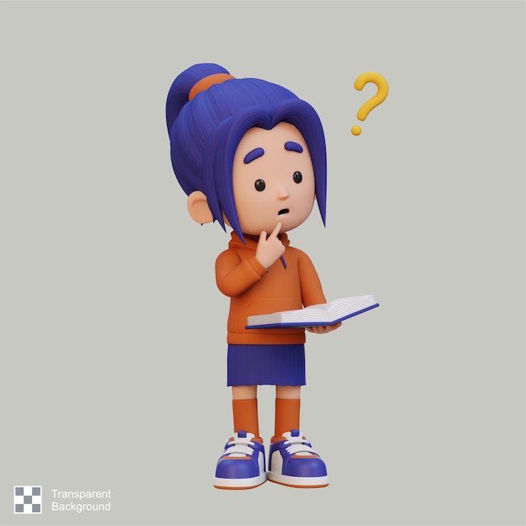 PSD el personaje de la chica 3d se confunde cuando lee un libro
