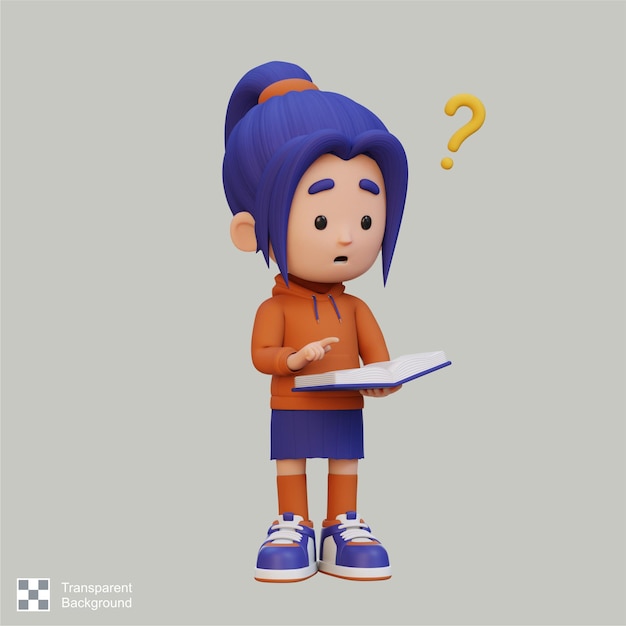 El personaje de la chica 3D se confunde cuando lee un libro