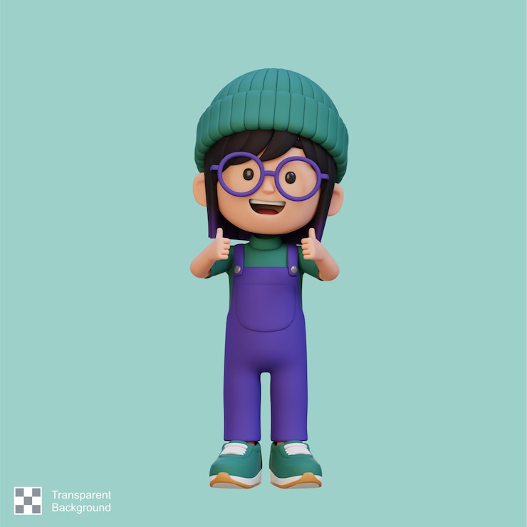 PSD el personaje de la chica en 3d da un pulgar hacia arriba con una cara feliz y linda.