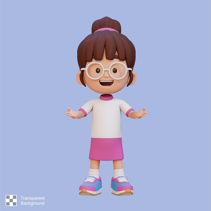 PSD personaje de chica en 3d hablando y explicando la postura