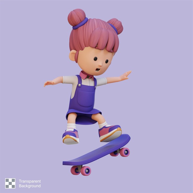 PSD personaje de chica en 3d montando en patineta