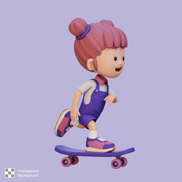 PSD personaje de chica en 3d montando en patineta