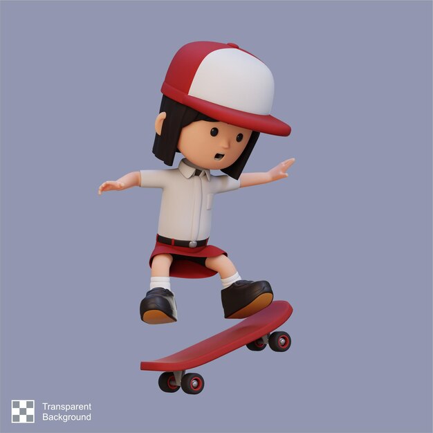 PSD personaje de chica 3d montando en patineta