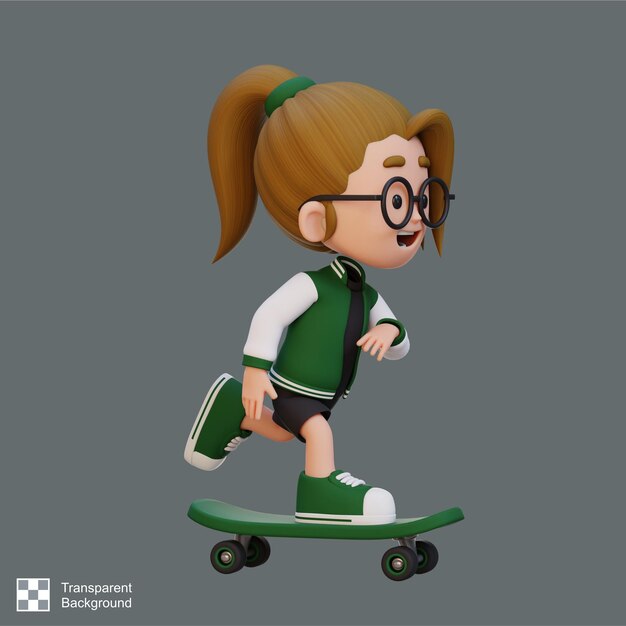 Personaje de chica en 3d montando en patineta