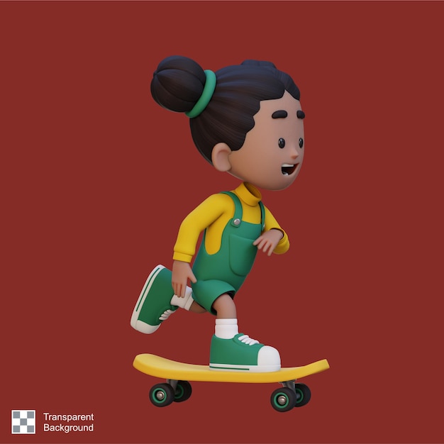 Personaje de chica en 3d montando en patineta