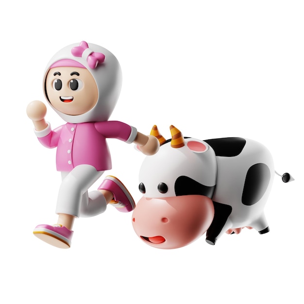 Personaje de chica en 3D perseguido por una vaca posa