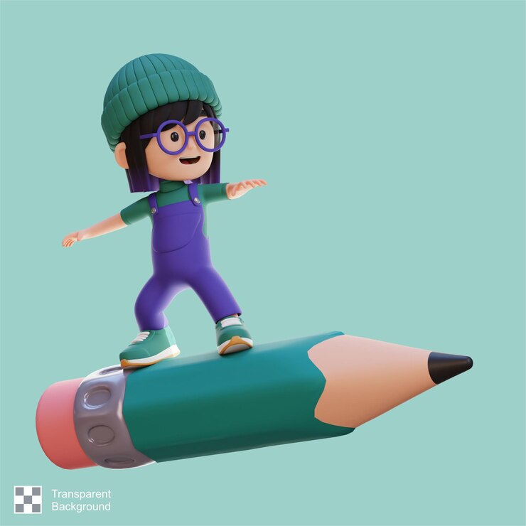 PSD personaje de chica en 3d de pie montando un lápiz