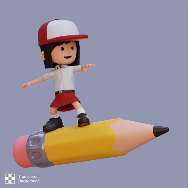 Personaje de chica en 3D de pie montando un lápiz