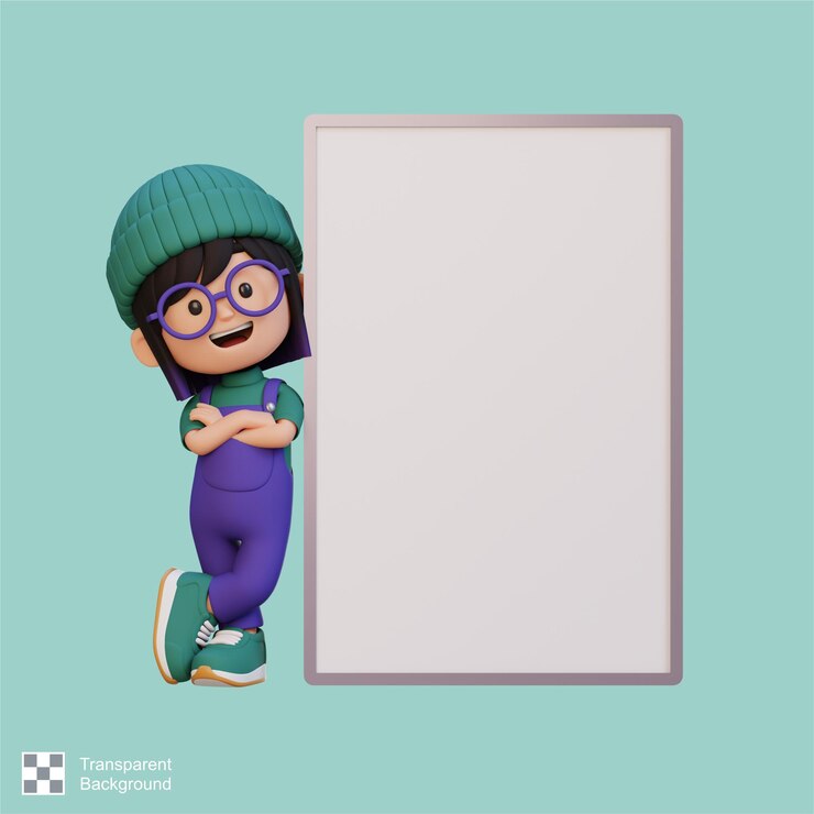 PSD personaje de chica en 3d sosteniendo un cartel en blanco