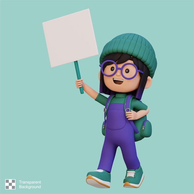 Personaje de chica en 3D sosteniendo un cartel en blanco