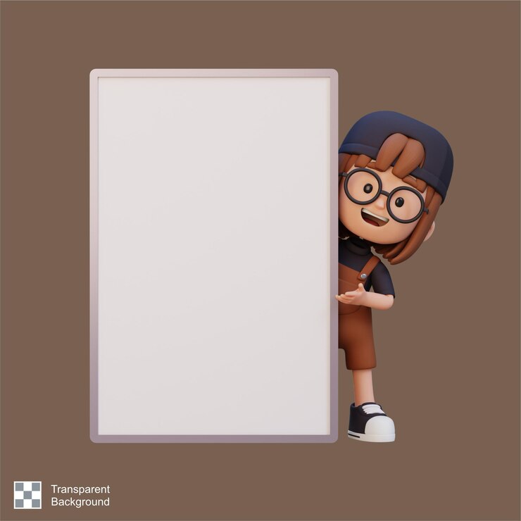 PSD personaje de chica 3d sosteniendo un cartel en blanco