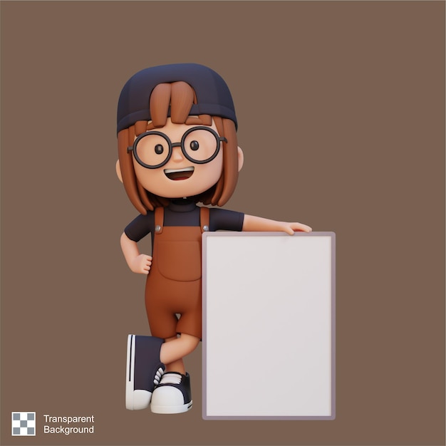 Personaje de chica en 3D sosteniendo un cartel en blanco
