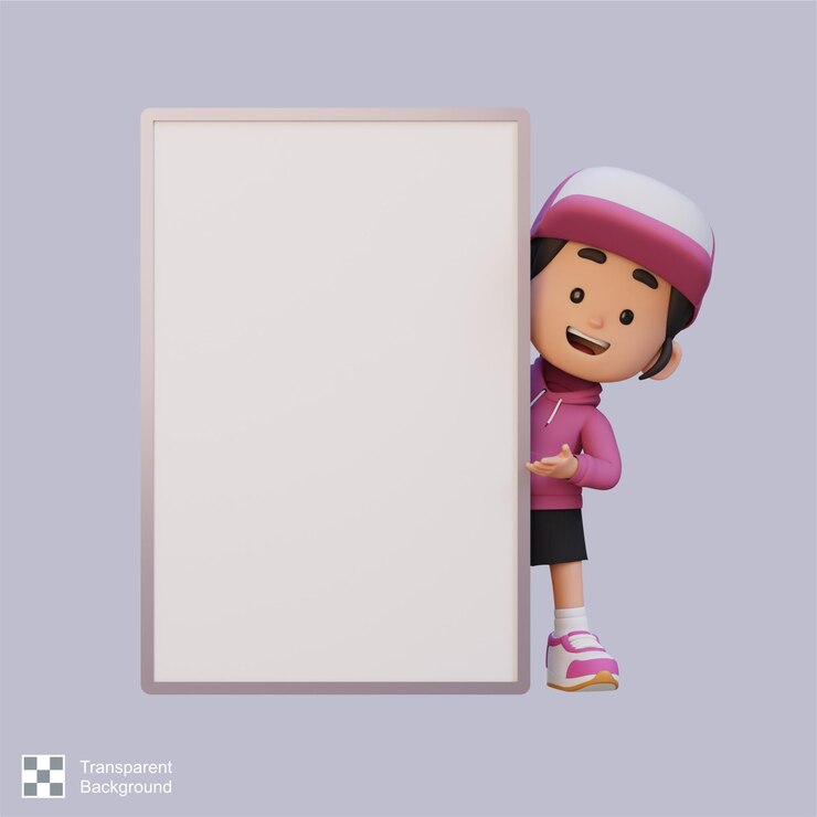 PSD personaje de chica en 3d sosteniendo un cartel en blanco