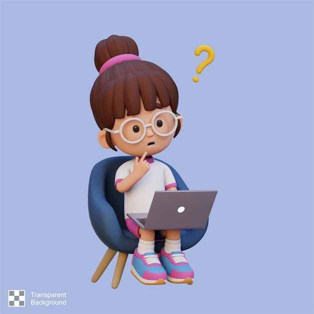 El personaje de la chica linda en 3D confundido en una computadora portátil