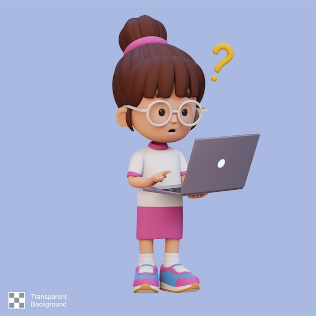 El personaje de la chica linda en 3d confundido en una computadora portátil