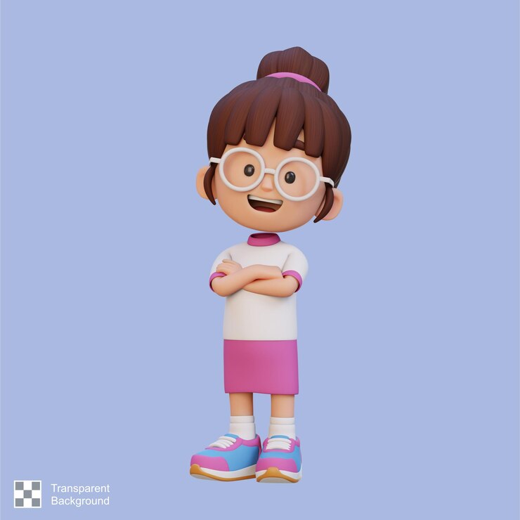 PSD personaje de chica linda en 3d en postura confiada con la mano cruzada