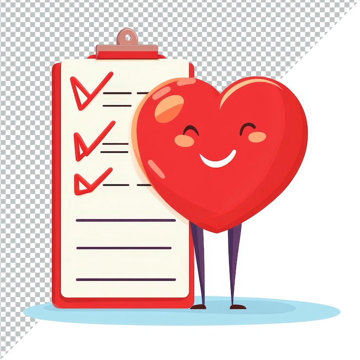 PSD un personaje de corazón alegre que promueve un estilo de vida saludable con una lista de control en un entorno brillante y colorido estilo de vida saludable personaje de corazón con lista de control sobre un fondo transparente