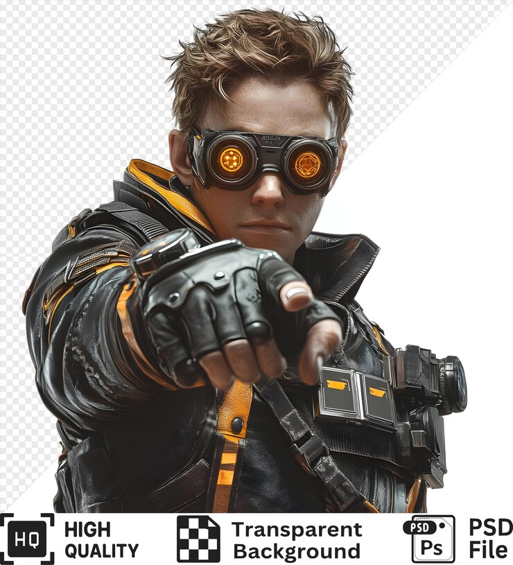 PSD personaje cyberpunk con gafas con el dedo apuntado aislado en un fondo transparente