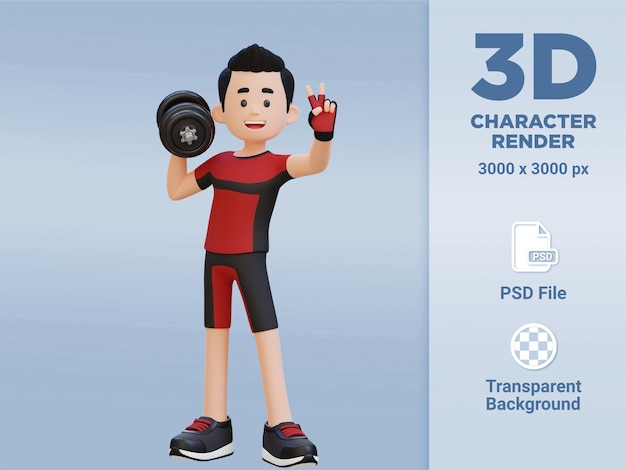 Personaje de deportista 3D dando un signo de paz mientras sostiene pesas