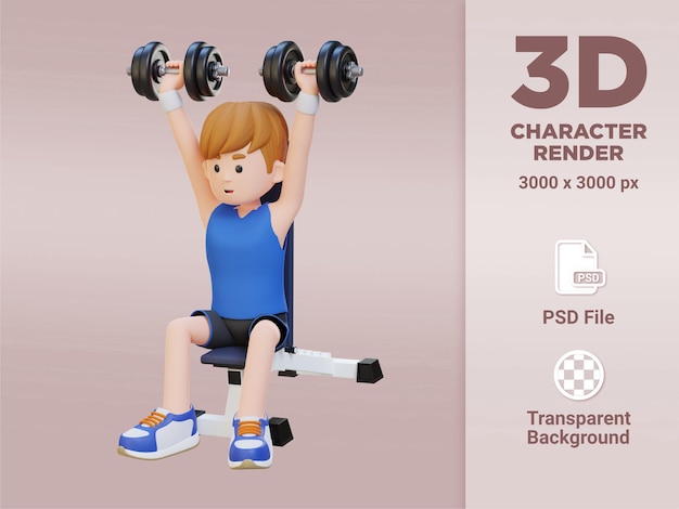 Personaje de deportista 3D que esculpe hombros fuertes con prensa de banco de hombro con mancuernas