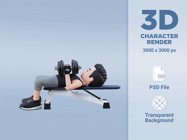 Personaje de deportista 3D que mejora la fuerza de la parte superior del cuerpo con prensa de banco con agarre cerrado con mancuernas
