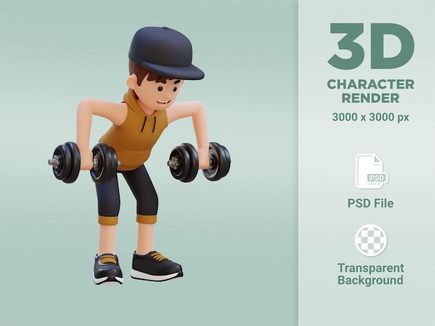Personaje de deportista 3D que realiza filas de deltoides traseros con pesas