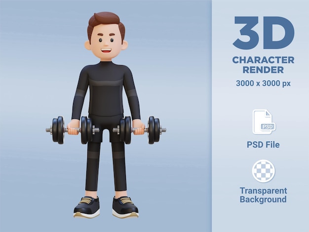 Personaje de deportista 3D realizando curl de bíceps con mancuerna
