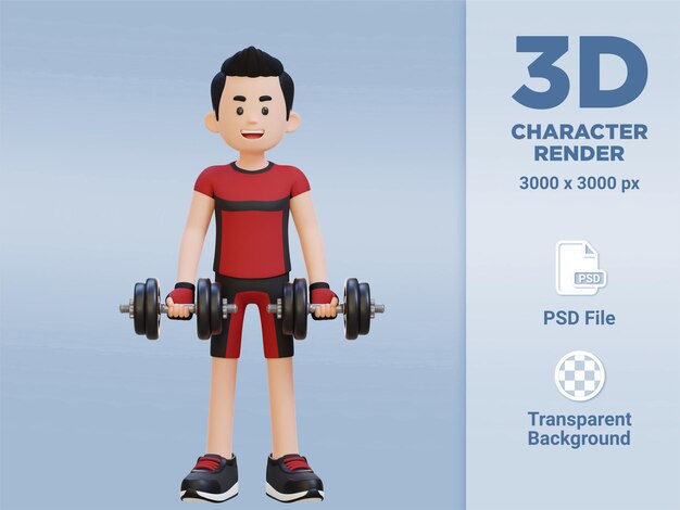 PSD personaje de deportista 3d realizando curl de bíceps con mancuerna