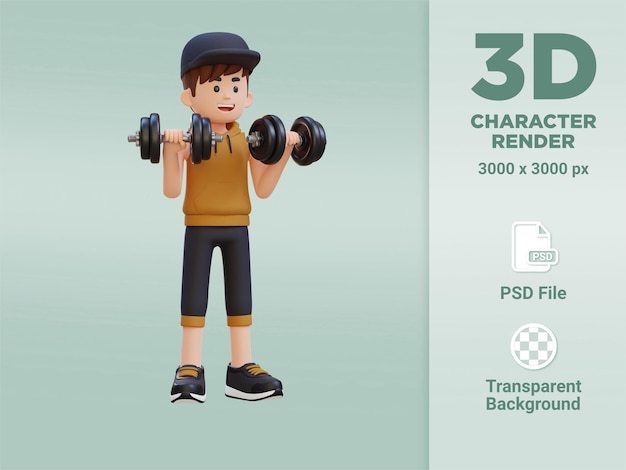 Personaje de deportista 3D realizando curl inverso con mancuernas