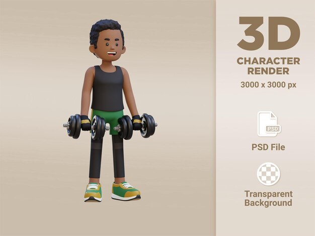 Personaje de deportista 3D realizando curl inverso con mancuernas