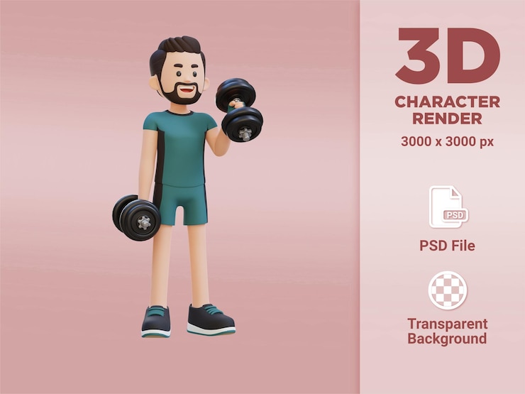 PSD personaje de deportista 3d realizando curl de martillo izquierdo con mancuerna