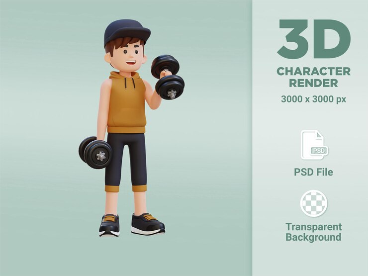 PSD personaje de deportista 3d realizando curl de martillo izquierdo con mancuerna