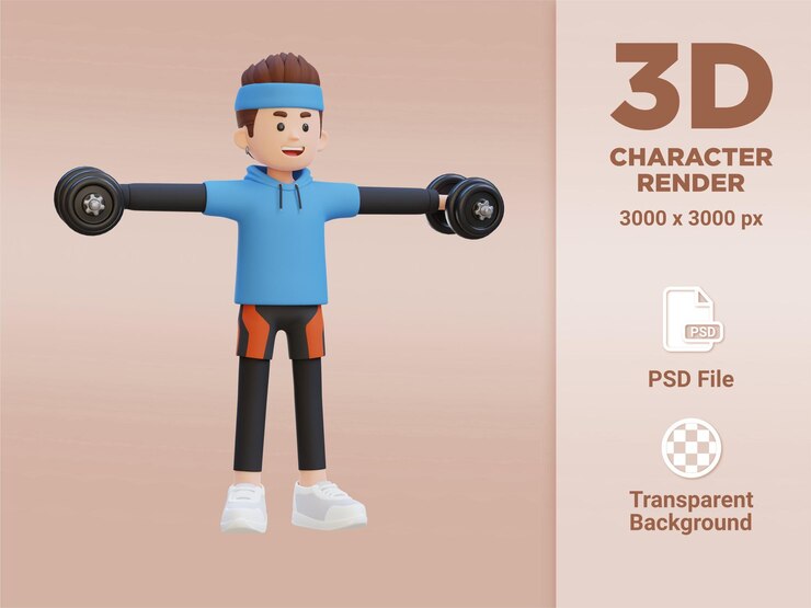 PSD personaje de deportista 3d realizando elevación lateral con mancuernas