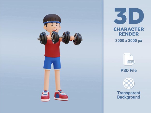 Personaje de deportista 3d realizando levantamiento frontal con mancuernas